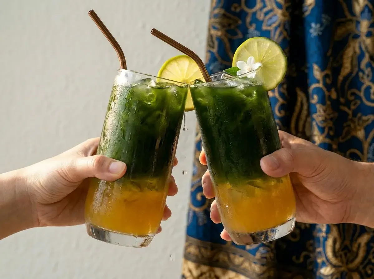 Grüner Thai-Tee mit Honig und Limette als erfrischender Eistee, zwei Gläser im Vordergrund