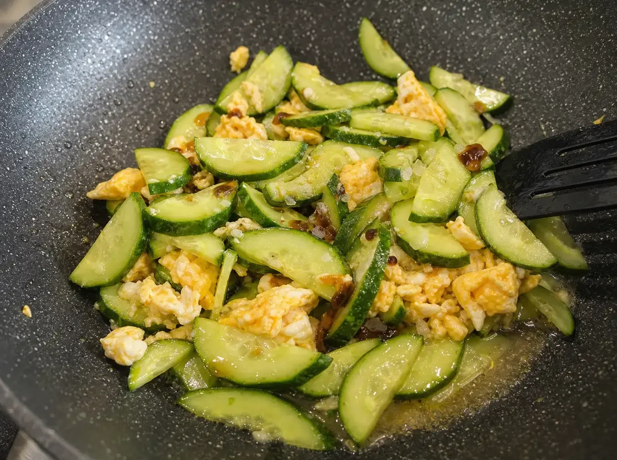 Gebratene Gurke mit Ei wird im Wok geschwenkt, typisch für das thailändische Gericht Tang Kwa Pad Kai.