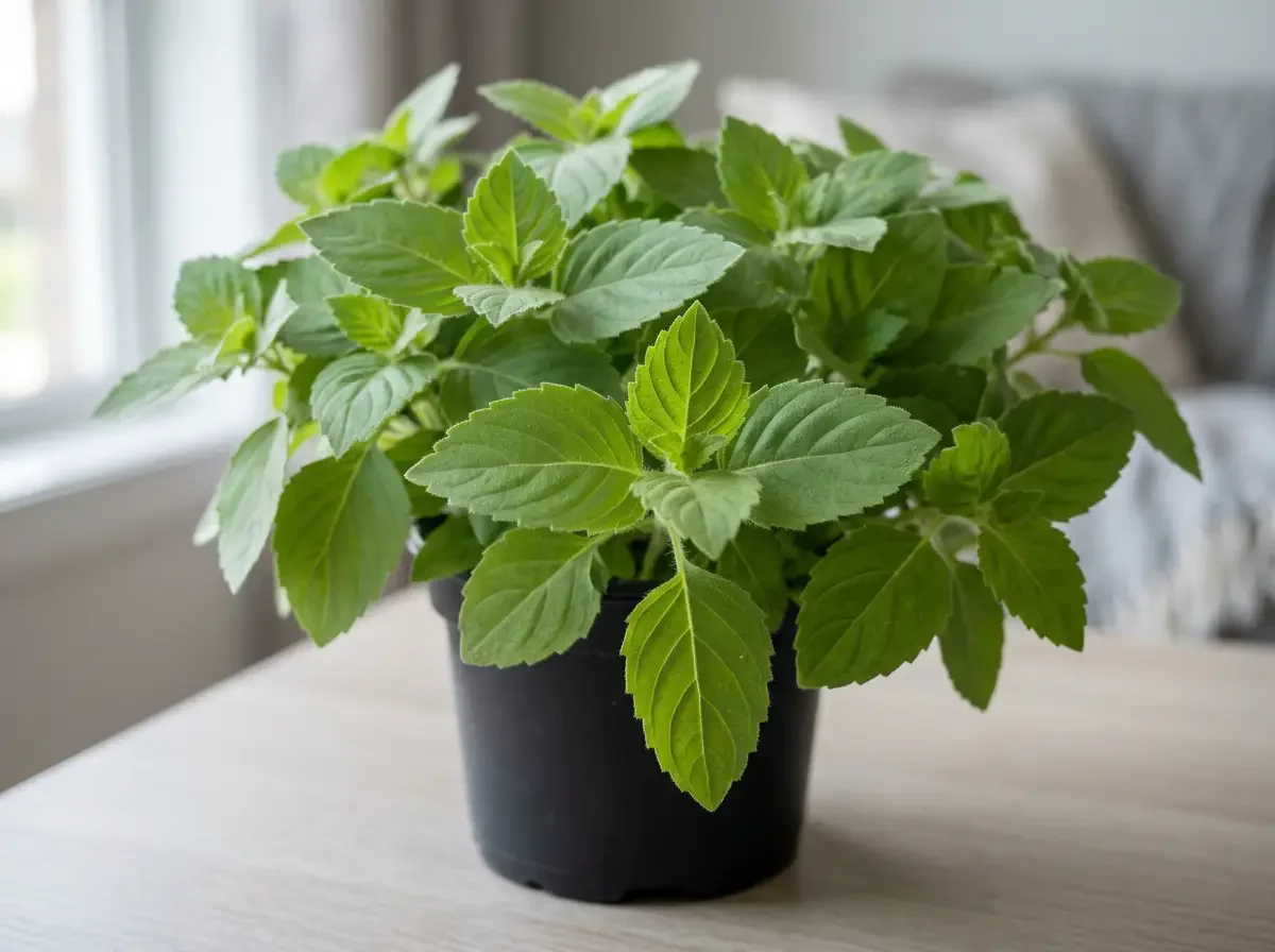 Heiliges Basilikum als Topfpflanze mit frischen grünen Blättern in schwarzem Pflanztopf