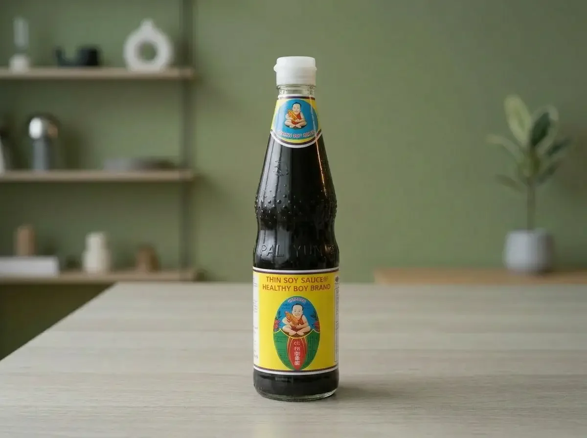 Thai Saucen: helle Sojasauce in Flasche als Grundzutat zum Würzen von Thai Nudel- und Reisgerichten
