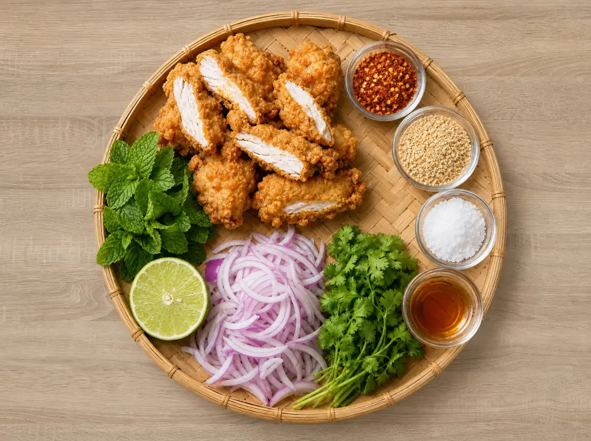 Zutaten für Knuspriger Hähnchensalat: frittiertes Hähnchen, rote Zwiebeln, Limette, Minze, Koriander und Gewürze – Grundlage für ein thailändisches Salatrezept.