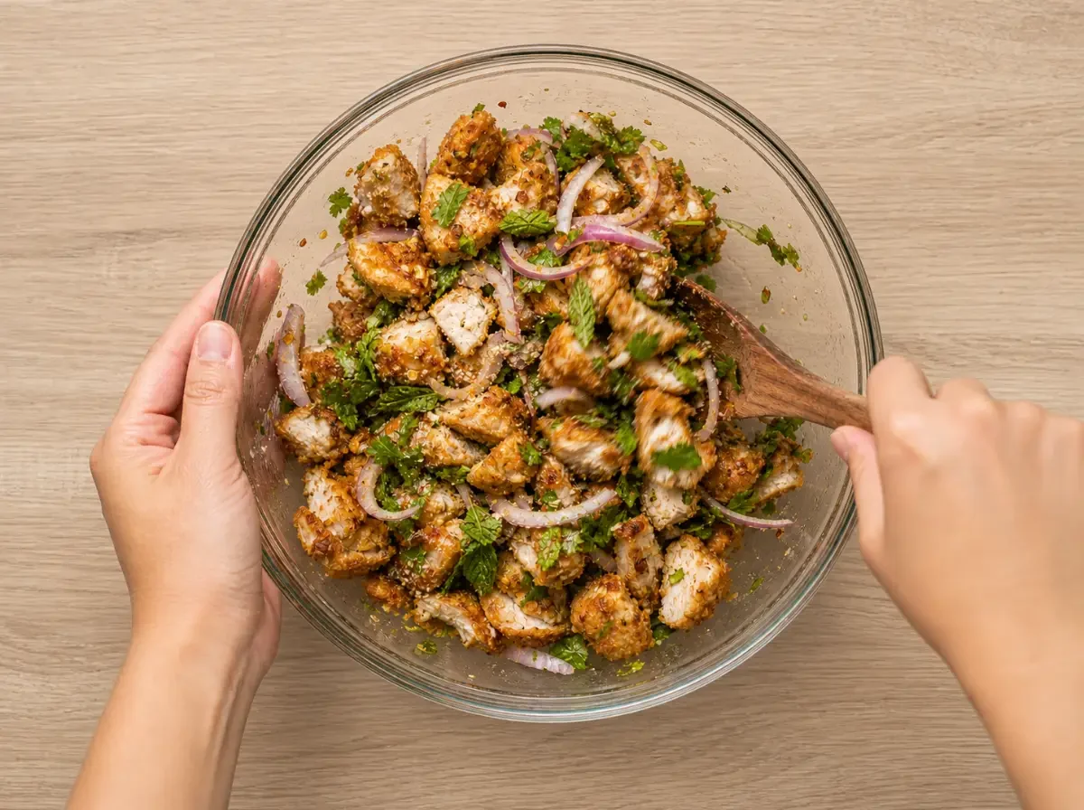 Knuspriger Hähnchensalat wird in einer Schüssel mit roten Zwiebeln, frischer Minze, Koriander und Gewürzen vermengt – Thai-Rezept nach Isaan-Art.
