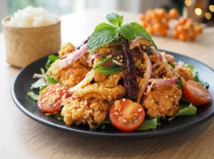 Knuspriger Hähnchensalat nach Thai-Art mit frittiertem Hähnchen, Chilis, roten Zwiebeln und Kräutern, serviert mit Reis – typisch für die thailändische Küche.