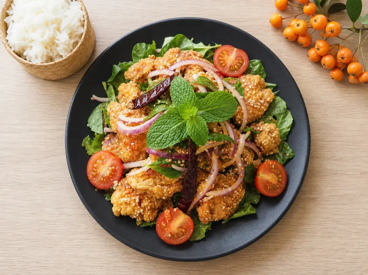 Detailaufnahme von Knuspriger Hähnchensalat mit knusprigen Hähnchenstücken, Minze, Chili und Tomaten auf schwarzem Teller.