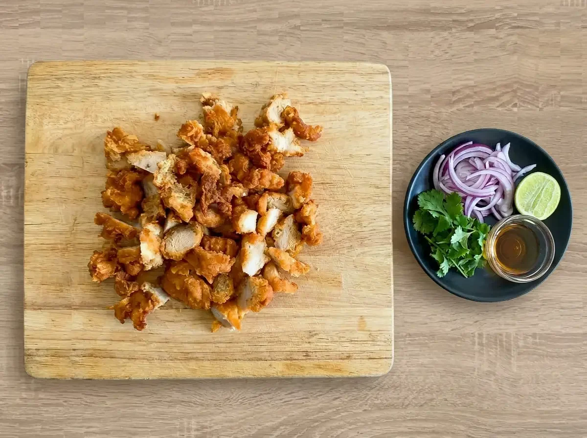 Knusprig gebratenes Hähnchen für Knuspriger Hähnchensalat, in Stücke geschnitten und vorbereitet mit frischen Kräutern und Limette.