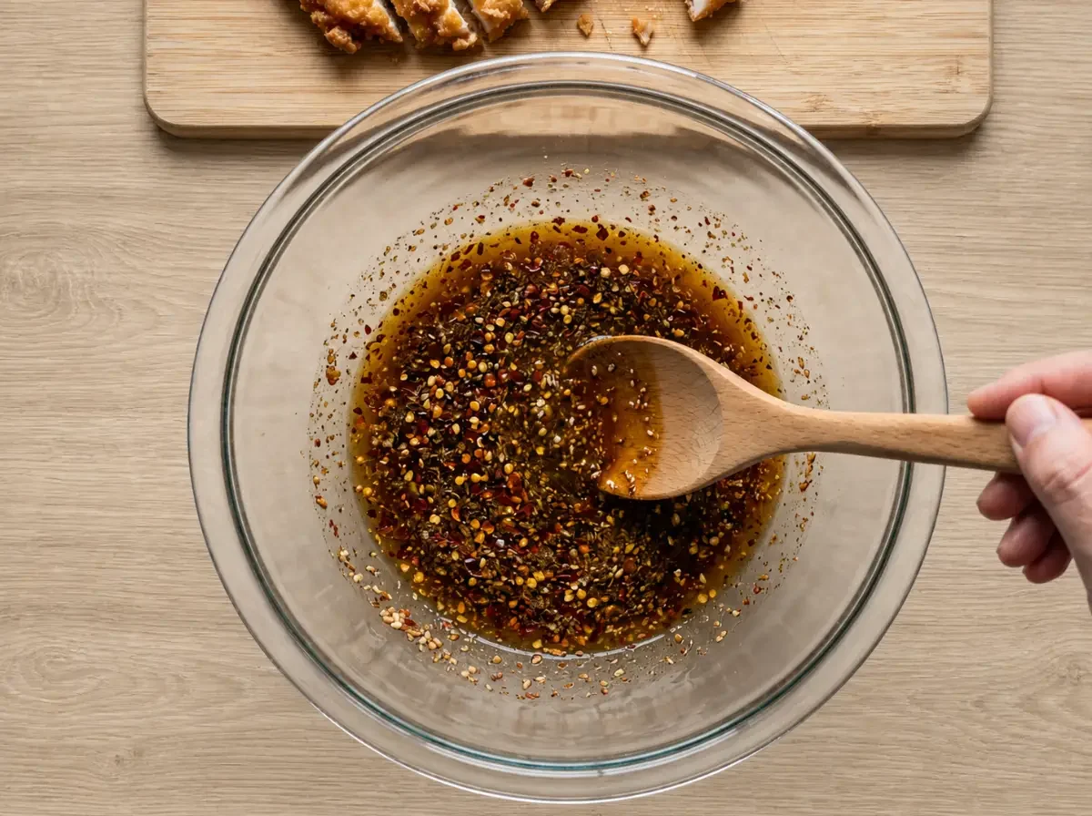 Würziges Dressing für Knuspriger Hähnchensalat mit Limettensaft, Chili, Fischsauce und Gewürzen – typisch für die Küche Nordost-Thailands.