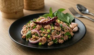 Larb Moo auf schwarzem Teller mit gehacktem Schweinefleisch, roten Zwiebeln, Kräutern und Chilis
