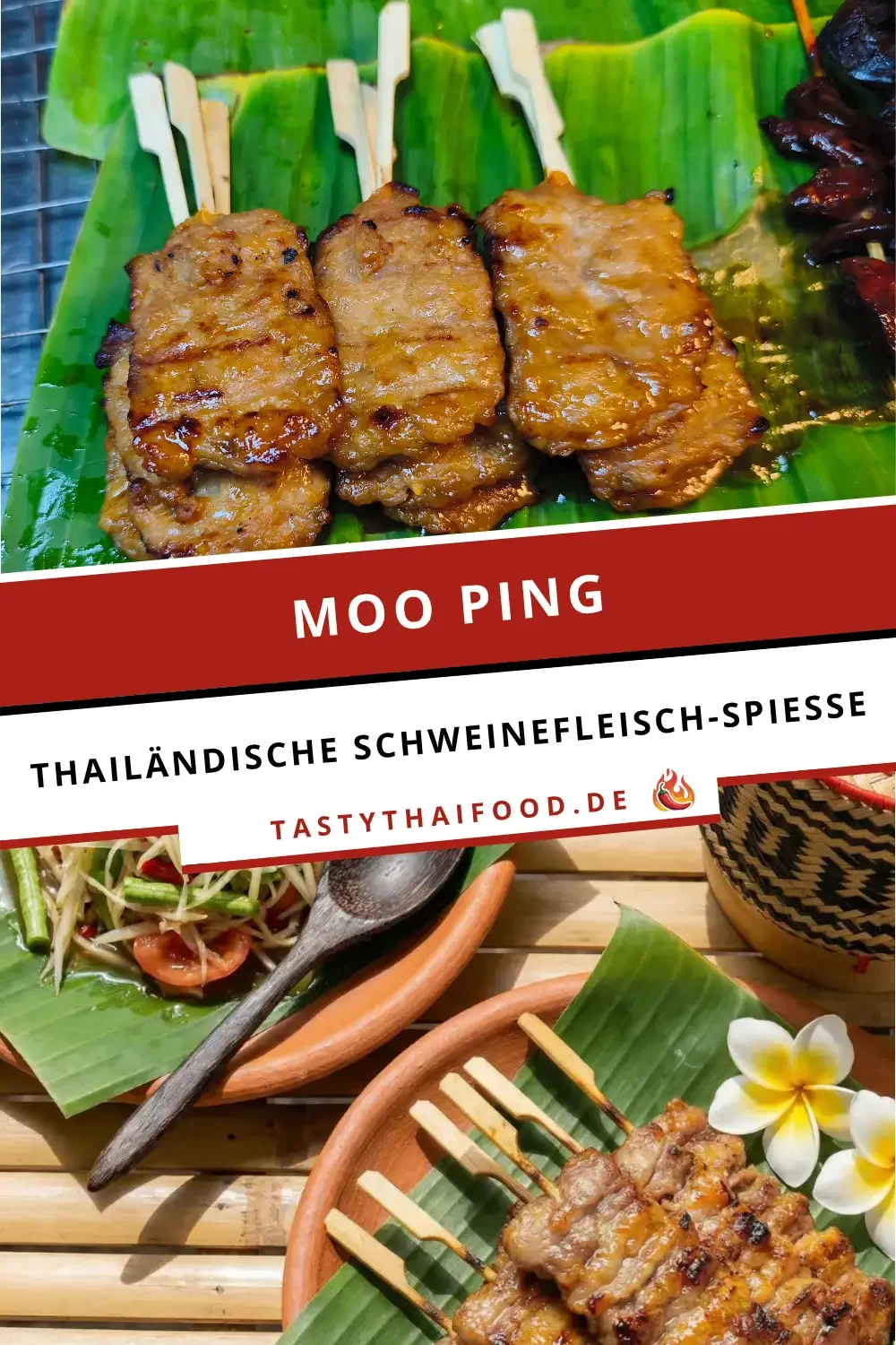 Moo Ping Rezeptgrafik mit thailändischen Schweinefleisch-Spießen auf Bananenblatt, serviert als Thai Streetfood