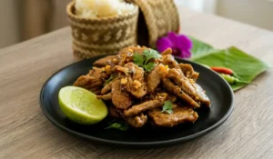 Moo Tod Gratiem mit Limette, gebratenem Schweinefleisch und Klebreis auf schwarzem Teller