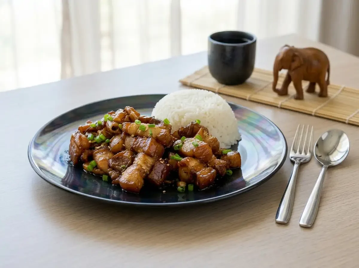 Moo Wan, Süßer Schweinebauch nach Thai-Art, karamellisiert und mit Frühlingszwiebeln serviert, dazu Jasminreis auf dunklem Teller angerichtet.