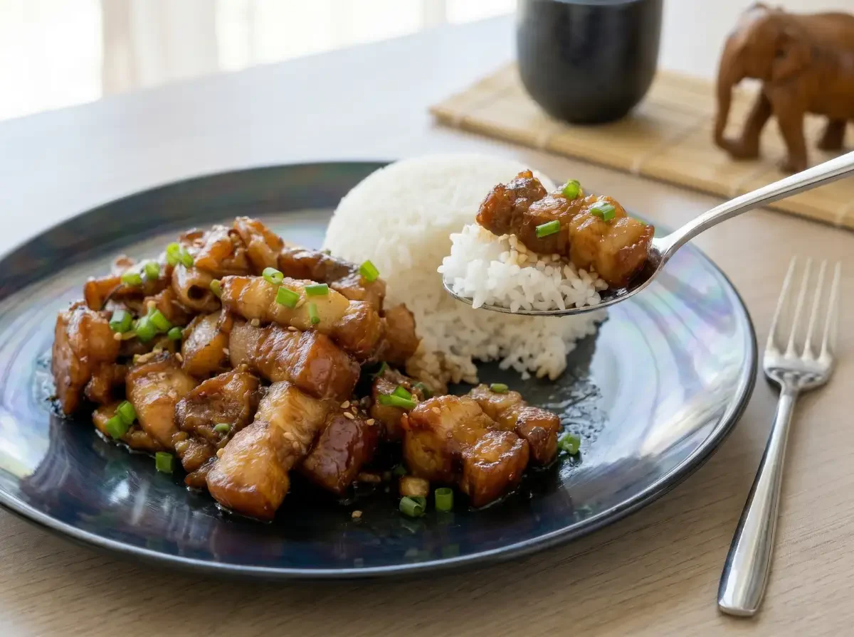 Detailaufnahme von Moo Wan, süßer Schweinebauch nach Thai-Art, mit Reis und Sauce auf dem Löffel – traditionelles Thai-Rezept mit zart geschmortem Fleisch.