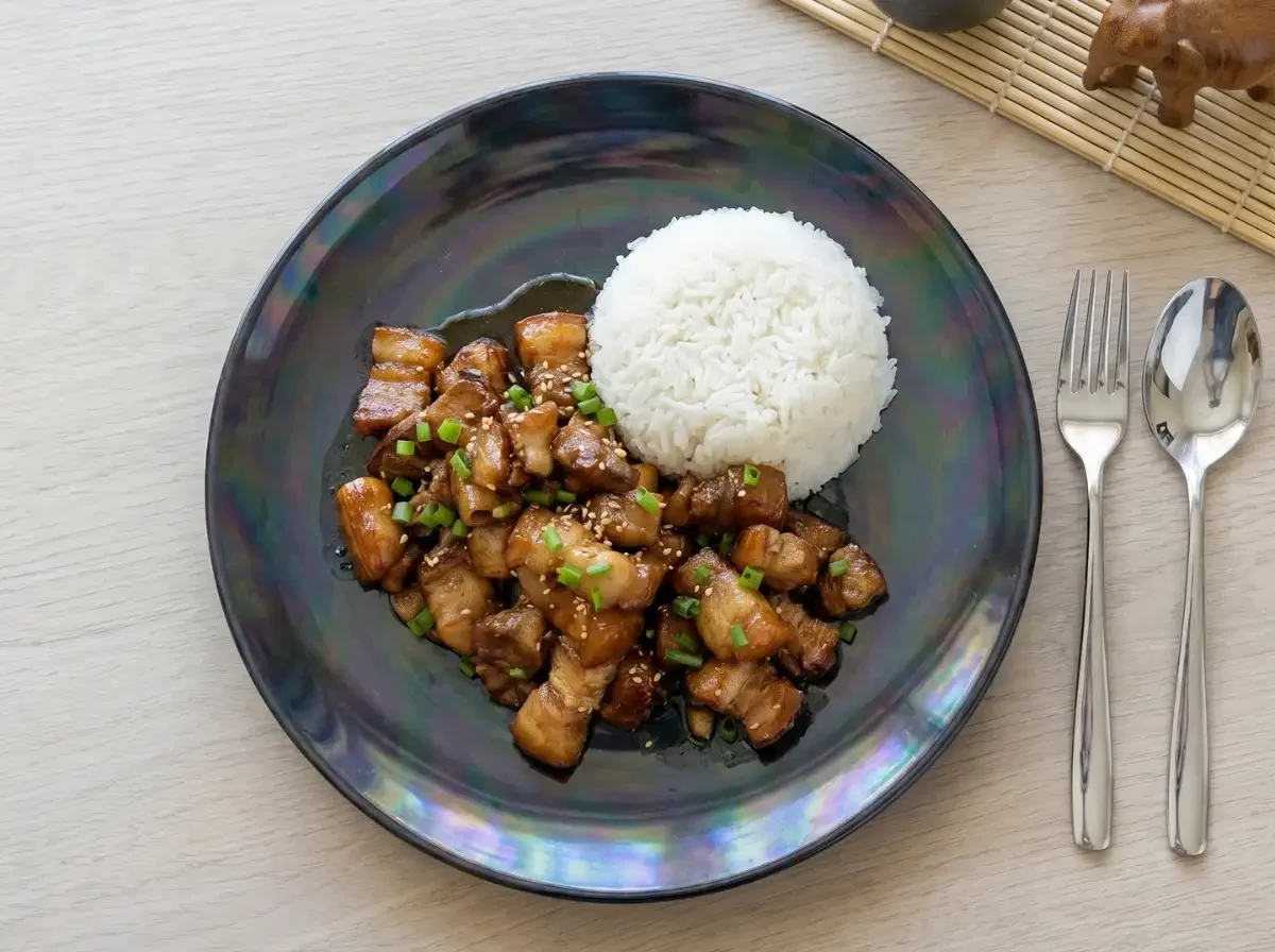 Authentisches Moo Wan – süßer Schweinebauch nach Thai-Art mit glänzender Soja-Karamell-Sauce und gedämpftem Jasminreis, typisch für die thailändische Küche.