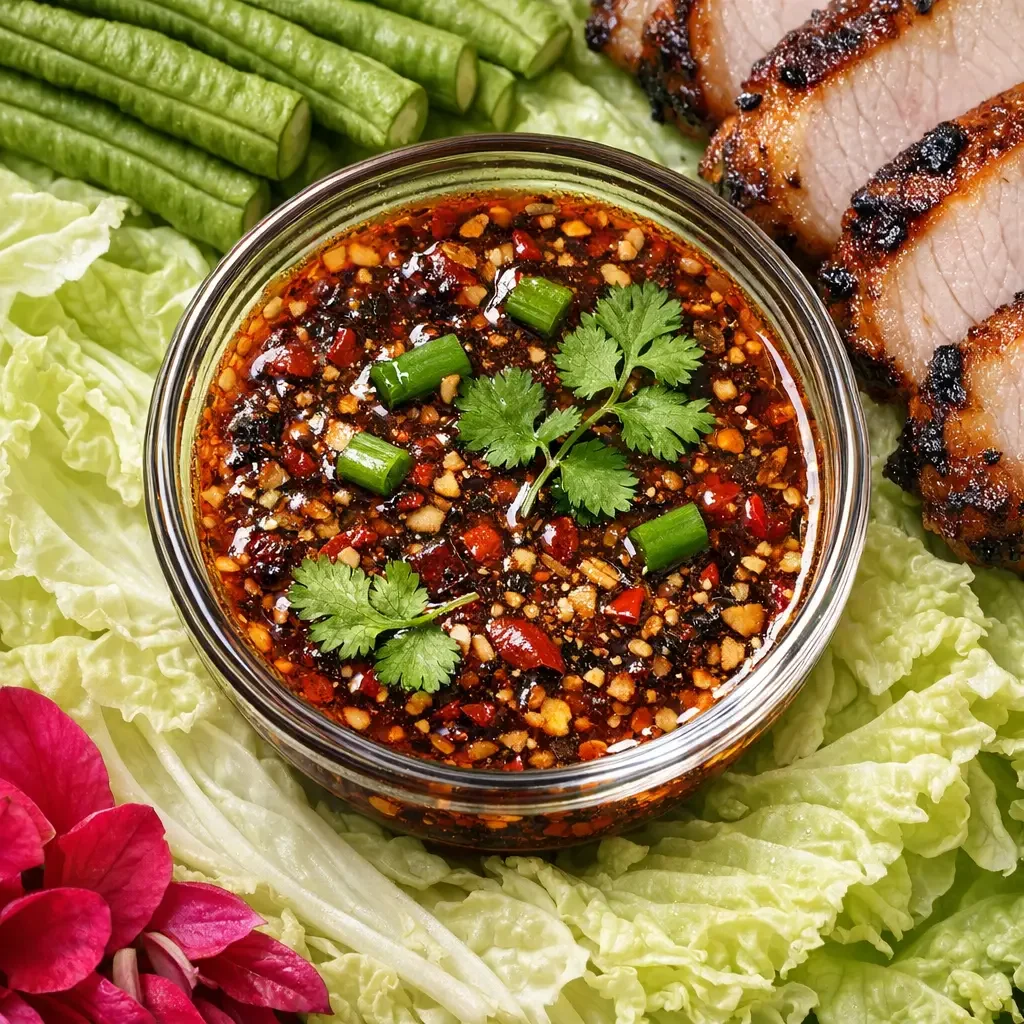 Detailaufnahme von würzigem Nam Jim Jaew mit sichtbaren Chiliflocken, geröstetem Reis und frischen Kräutern, angerichtet als Beilage zu gegrilltem Fleisch und frischem Gemüse.