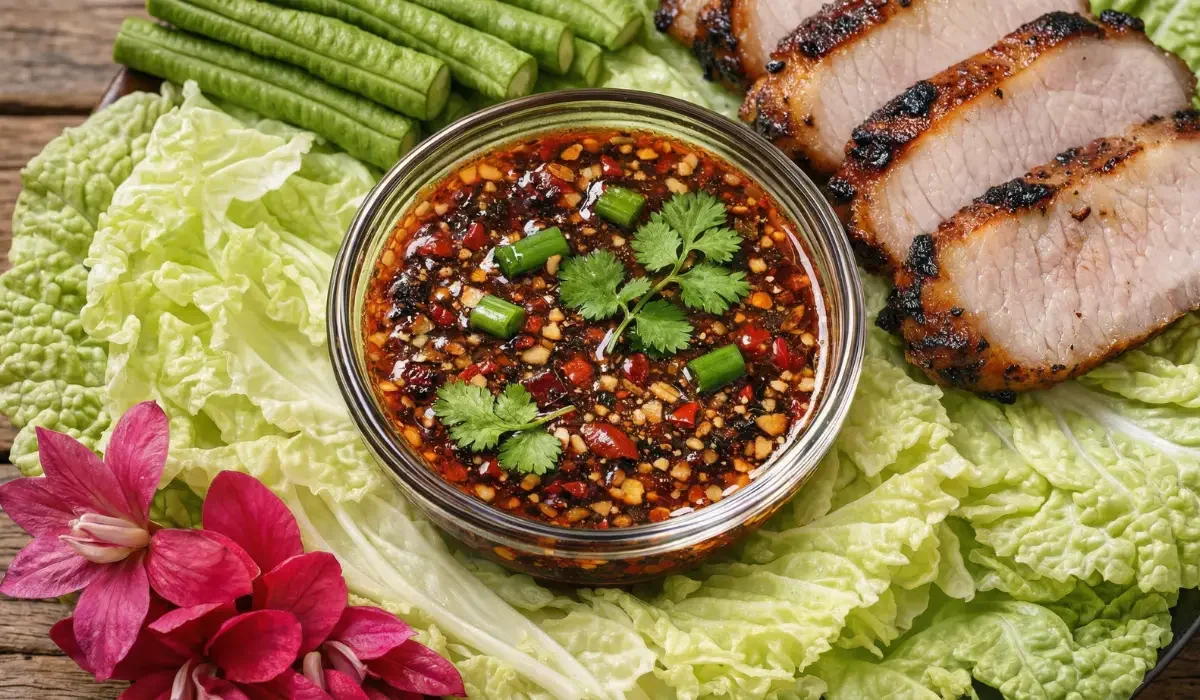Eine Glasschale gefüllt mit der thailändischen Dip-Sauce Nam Jim Jaew, garniert mit Koriander und Chili, serviert auf Chinakohlblättern neben gegrillten Schweinefleischscheiben, Schlangenbohnen und rosa Blüten.