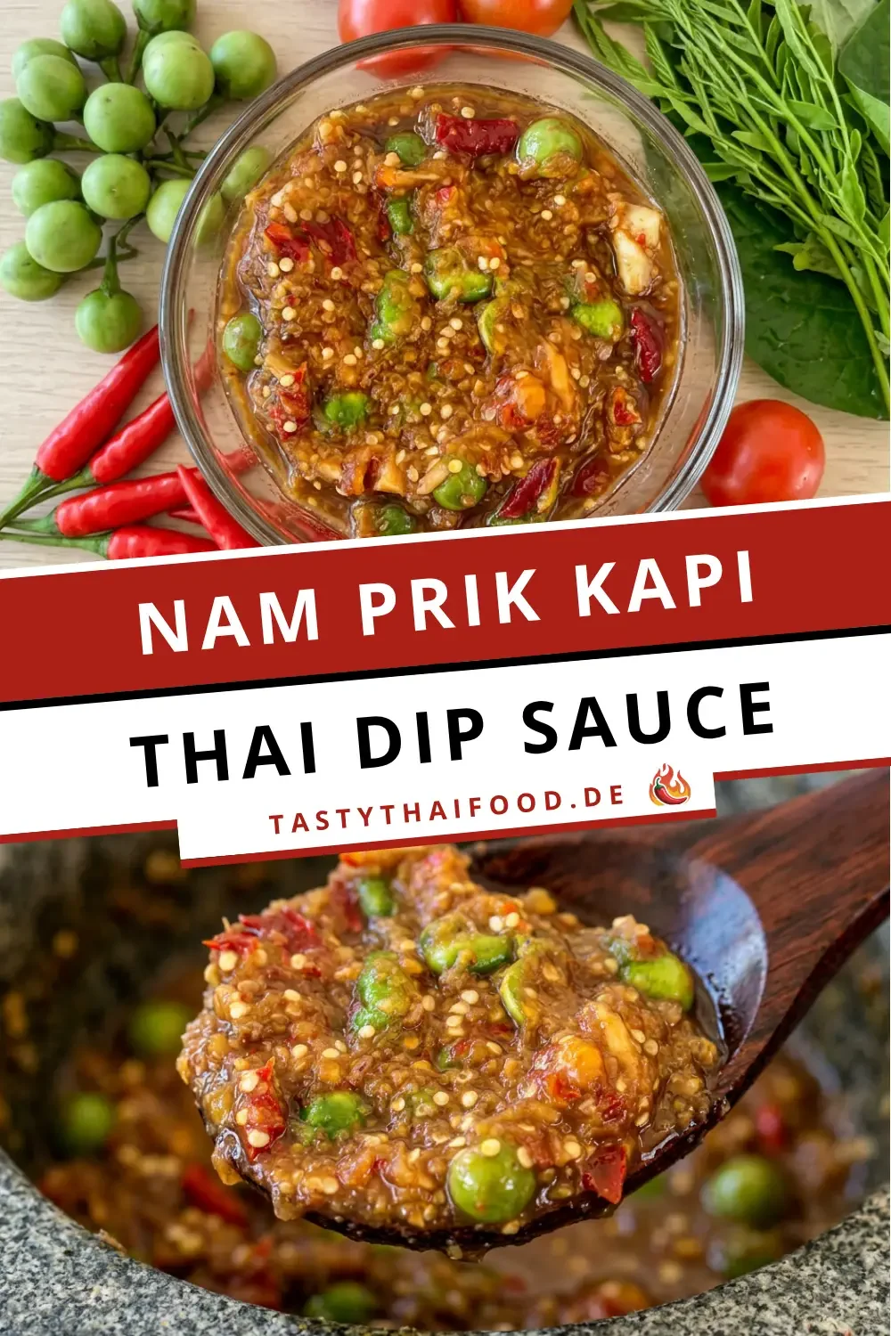 Nam Prik Kapi Thai Dip Sauce als Collage mit Schale, frischen Chilis, Tomaten und Kräutern