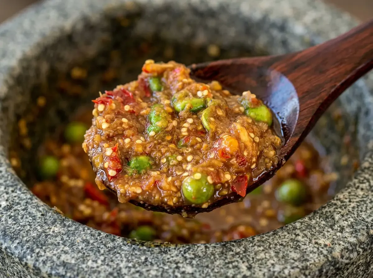 Nam Prik Kapi in Nahaufnahme auf Holzlöffel über Steinmörser, scharfer Thai Dip mit Chili.