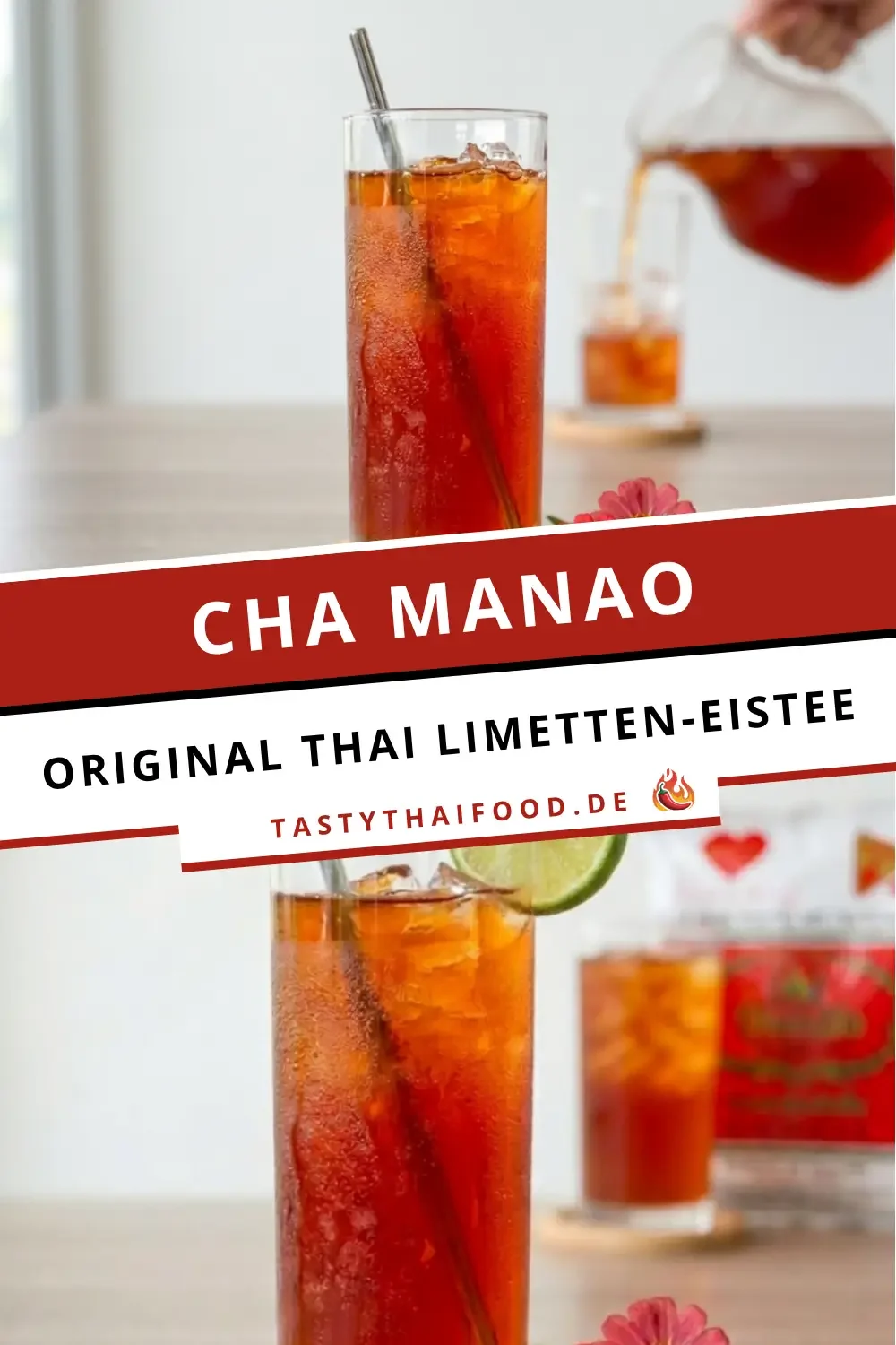 Pinterest Pin für das Cha Manao Rezept: Ein Glas des erfrischenden Thai Limetten-Eistees. Text-Overlay: "Original Thai Limetten-Eistee".