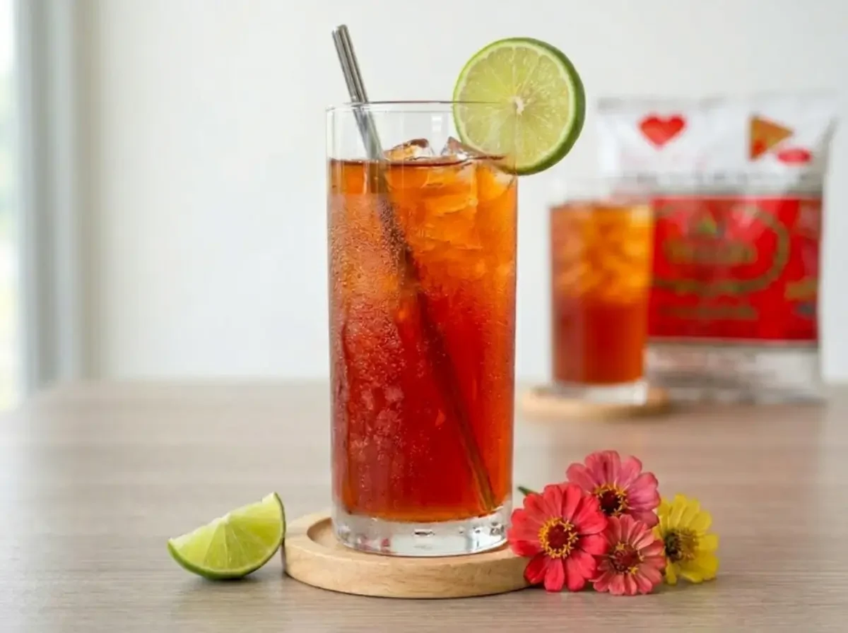 Ein Glas fertiger Cha Manao, garniert mit einer frischen Limettenscheibe. Im Hintergrund ist die originale Cha Tra Mue Teemischung zu sehen.