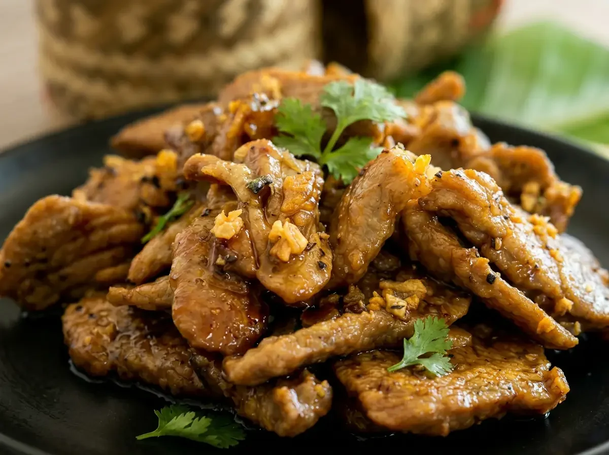 Moo Tod Gratiem auf schwarzem Teller mit knusprig gebratenem Schweinefleisch, Knoblauch und Koriander