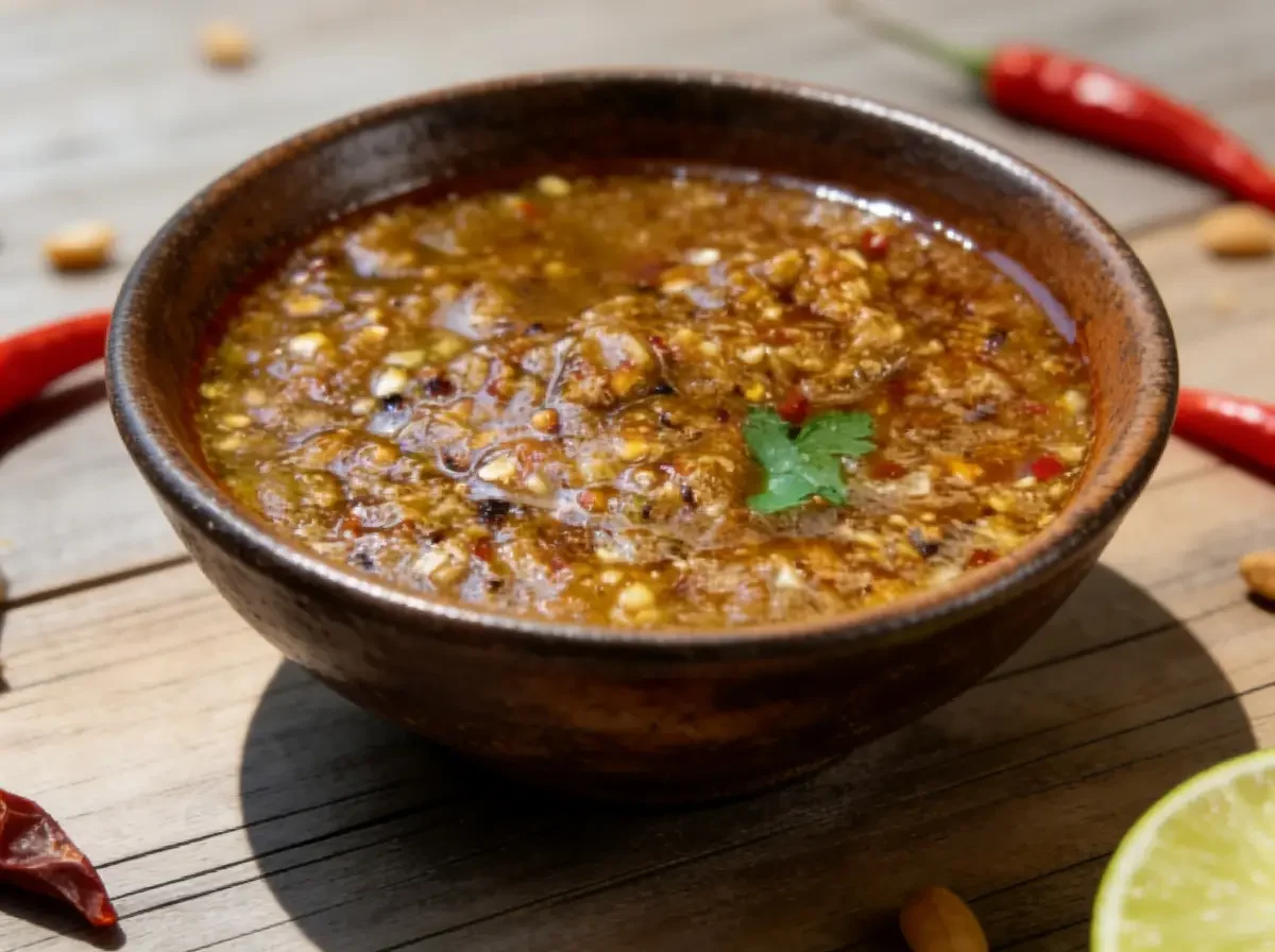 Nahaufnahme einer dunklen Keramikschale gefüllt mit der thailändischen Dip-Sauce Nam Jim. Die Sauce ist stückig mit sichtbaren Chili-Flocken und Koriander. Sie steht auf einem Holztisch, umgeben von frischen roten Chilis, Erdnüssen und einer Limettenhälfte.