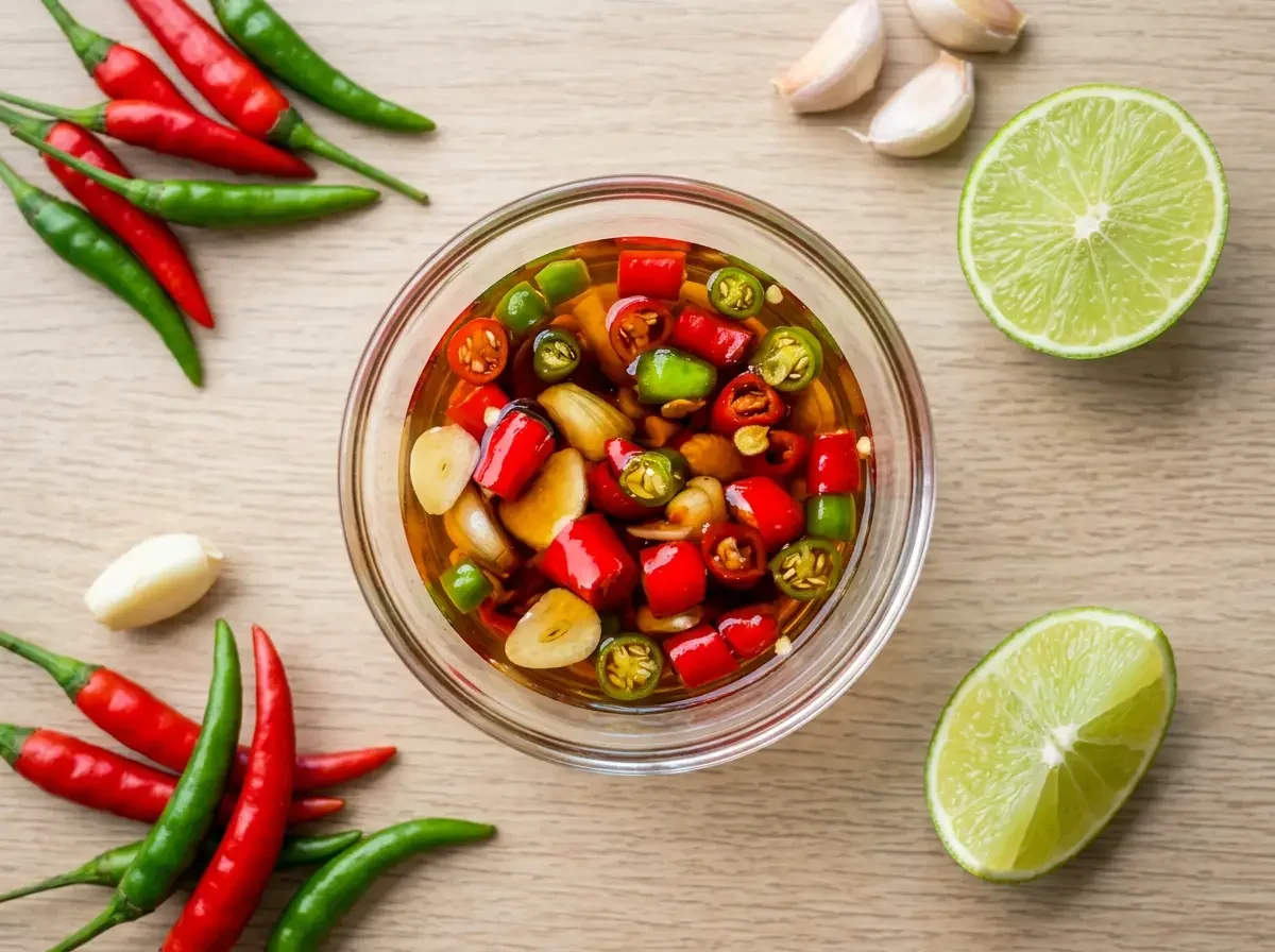 Prik Nam Pla Rezept in Glasschale mit Fischsauce, Chili und Knoblauch, umgeben von Limette und frischen Chilis