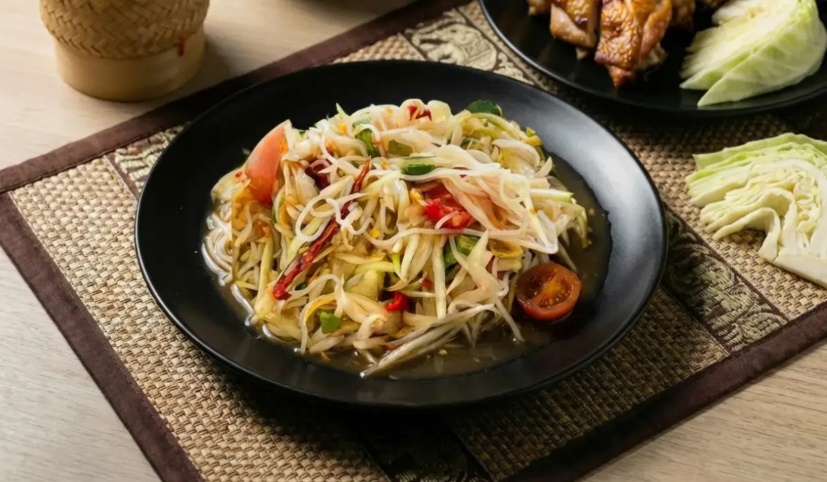 Tam Sua (Thai Papayasalat mit Reisnudeln) auf einem schwarzen Teller serviert, platziert auf einem gewebten Tischset mit Elefantenmuster; im Hintergrund befinden sich gegrilltes Hähnchen, roher Kohl und ein Bambus-Klebreisbehälter auf einem hellen Holztisch.