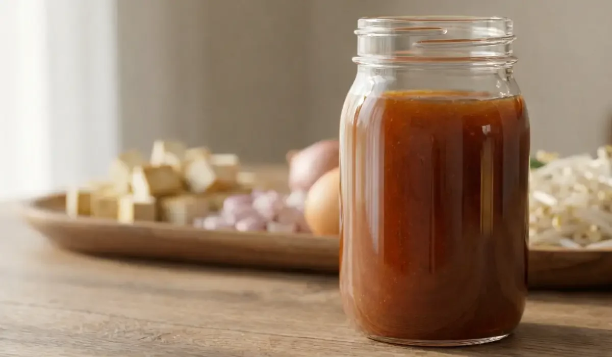Glas mit brauner Pad-Thai-Sauce auf Holztisch.