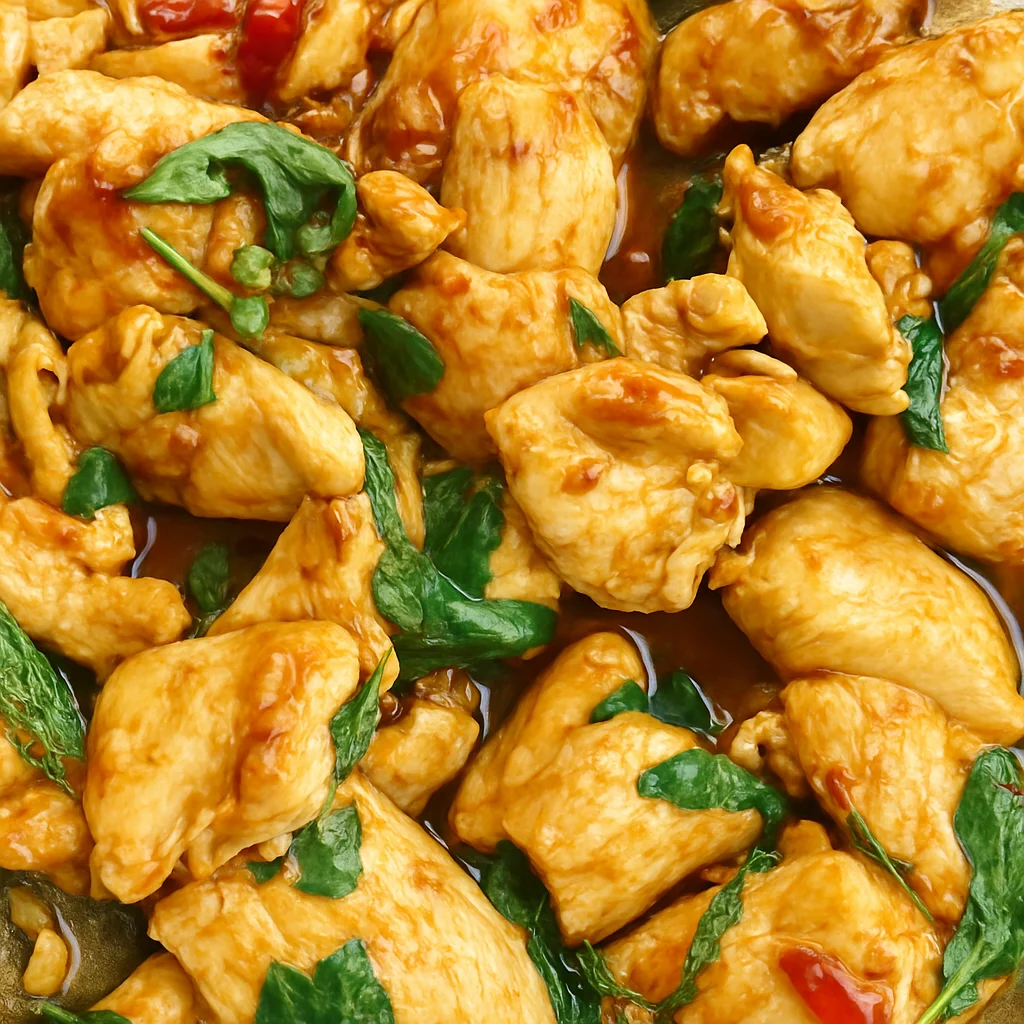 Pad Kra Pao Gai saftig gebratenen Hähnchenstücken in einer glänzenden, braunen Sauce. Frische grüne Basilikumblätter und kleine rote Chilistücke sind zwischen dem Fleisch verteilt.