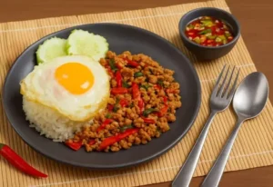 Ein Teller Pad Krapao Gai, ein thailändisches Gericht, das gebratenes Hühnerhackfleisch mit rotem Chili und frischem Basilikum zeigt. Das Gericht ist auf einem Bett aus duftendem Reis angerichtet und wird mit einem Spiegelei und Gurkenscheiben garniert. Neben dem Teller befindet sich eine kleine Schüssel mit Prik Nam Pla (Fischsauce mit Chili). Teller und Schüßel stehen auf einer Bambusmatte, und Besteck liegt bereit.