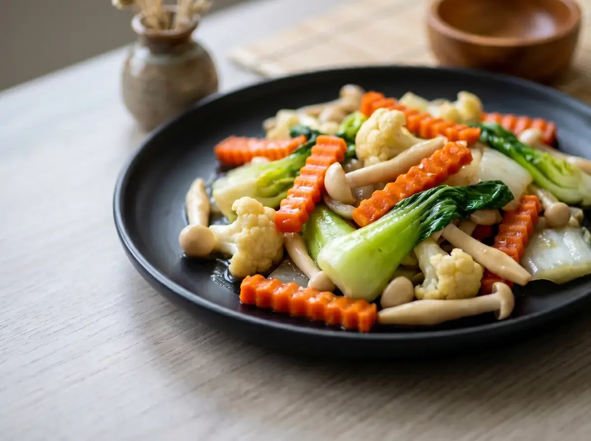 Pad Pak Ruam Mit in Nahaufnahme mit knackigem Wokgemüse, Pak Choi, Karotten, Blumenkohl und Pilzen