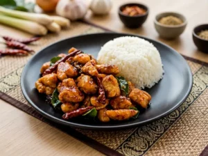 Pad Prik Haeng mit Hähnchenstücken, getrockneten Chilis und Kaffirlimettenblättern, serviert mit Jasminreis