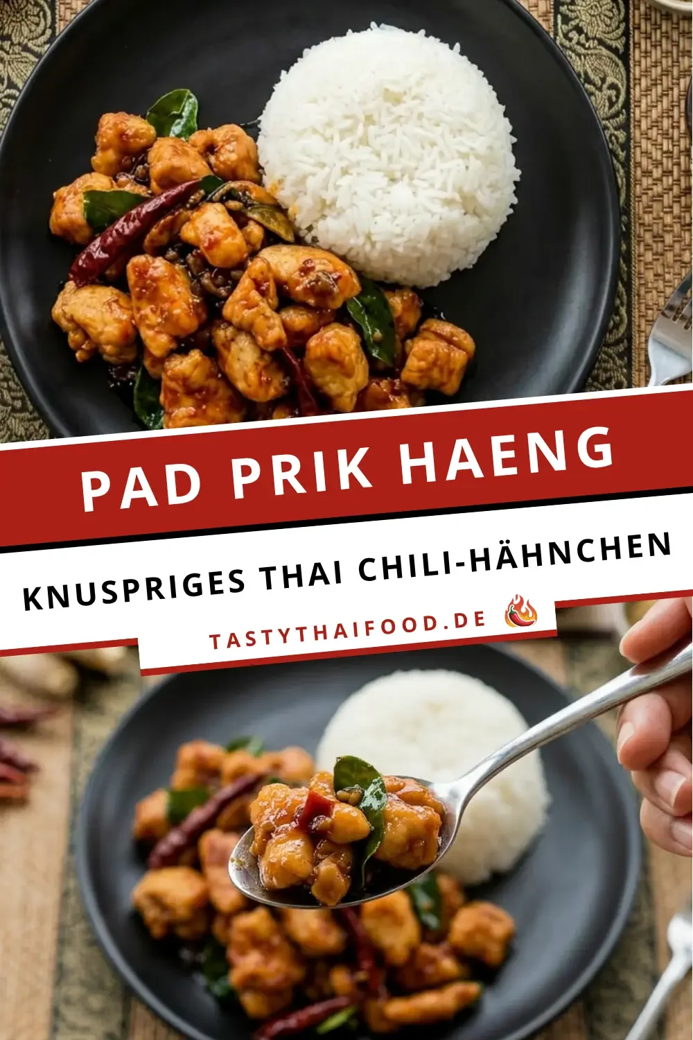 Pad Prik Haeng Rezept Collage mit knusprigem Thai Chili-Hähnchen, Jasminreis und getrockneten Chilis auf schwarzem Teller.