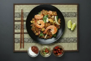 Pad See Ew mit Garnelen angerichtet auf einem schwarzen Teller