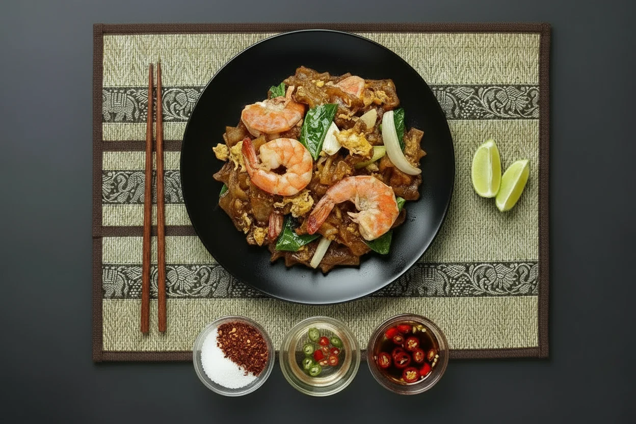 Pad See Ew mit Garnelen angerichtet auf einem schwarzen Teller