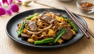 Pad See Ew mit Rindfleisch auf schwarzem Teller mit breiten Reisnudeln, Ei und chinesischem Brokkoli