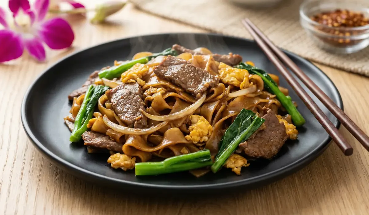 Pad See Ew mit Rindfleisch auf schwarzem Teller mit breiten Reisnudeln, Ei und chinesischem Brokkoli