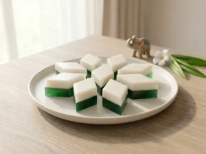 Thailändisches Pandan Kokos Jelly (Wun Gati Bai Toey) in mundgerechten, rautenförmigen Stücken auf einem weißen Teller serviert. Die Geleewürfel zeigen zwei perfekt getrennte Schichten: unten ein leuchtendes Pandan-Grün und oben ein cremiges Kokos-Weiß. Der Teller steht auf einem hellen Tisch in Sonoma-Eiche-Optik mit glatter Oberfläche.