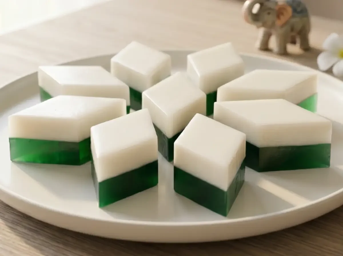 Thailändisches Pandan Kokos Jelly auf einem weißen Teller serviert. Die Geleewürfel zeigen zwei perfekt getrennte Schichten: unten ein leuchtendes Pandan-Grün und oben ein cremiges Kokos-Weiß. Der Teller steht auf einem hellen Tisch in Sonoma-Eiche-Optik.