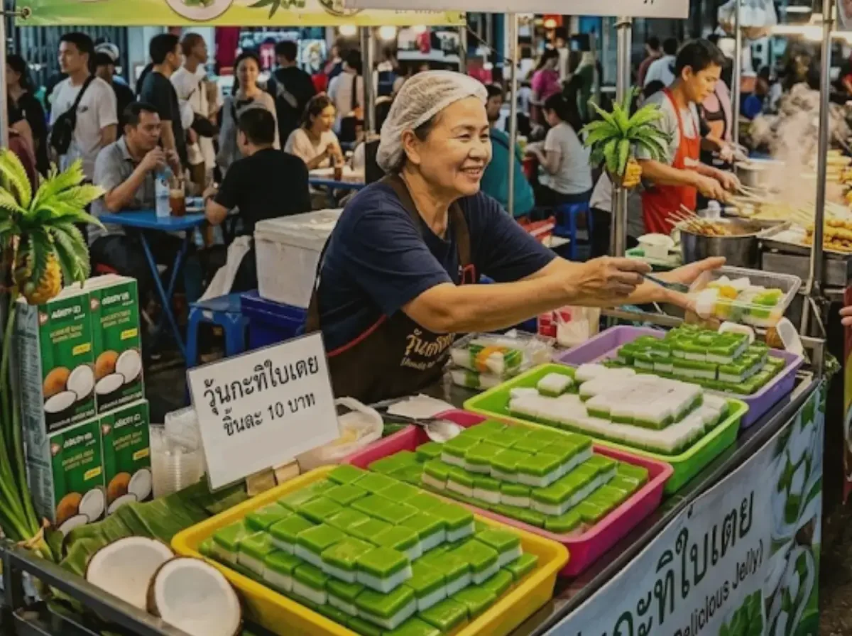 Ein belebter thailändischer Nachtmarkt mit einem traditionellen Streetfood-Stand, der frisches Pandan Kokos Jelly verkauft. Eine lächelnde thailändische Verkäuferin reicht einer Kundin eine Packung des geschichteten, grün-weißen Gelee-Desserts. Auf der Theke des Standes sind bunte Tabletts mit ordentlich aufgeschichteten Jelly-Würfeln, frischen Kokosnüssen und grünen Pandanblättern dekoriert.