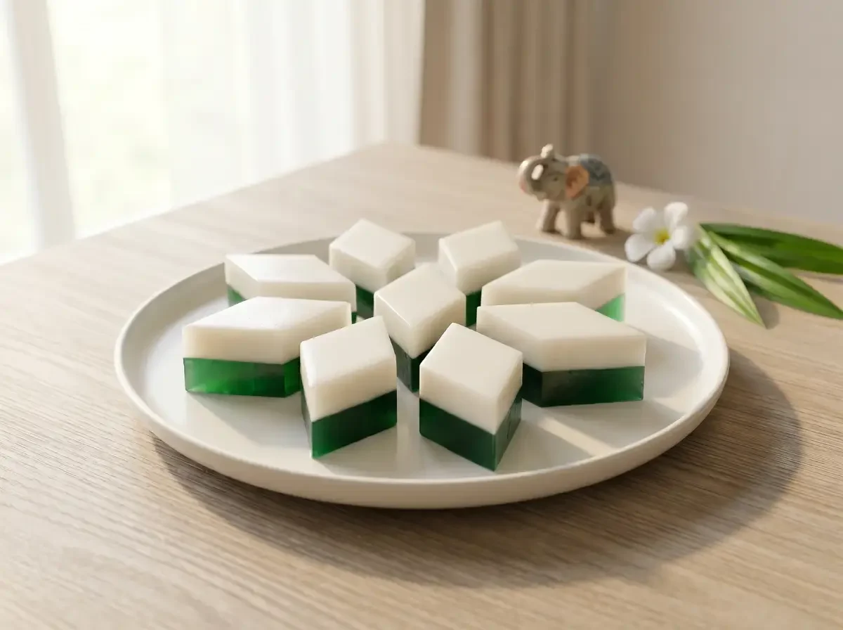 Thailändisches Pandan Kokos Jelly (Wun Gati Bai Toey) in mundgerechten, rautenförmigen Stücken auf einem weißen Teller serviert. Die Geleewürfel zeigen zwei perfekt getrennte Schichten: unten ein leuchtendes Pandan-Grün und oben ein cremiges Kokos-Weiß. Der Teller steht auf einem hellen Tisch in Sonoma-Eiche-Optik mit glatter Oberfläche.