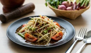 Papayasalat mit fermentierter Fischsauce auf schwarzem Teller, serviert mit Tomaten, Bohnen und scharfem Dressing.
