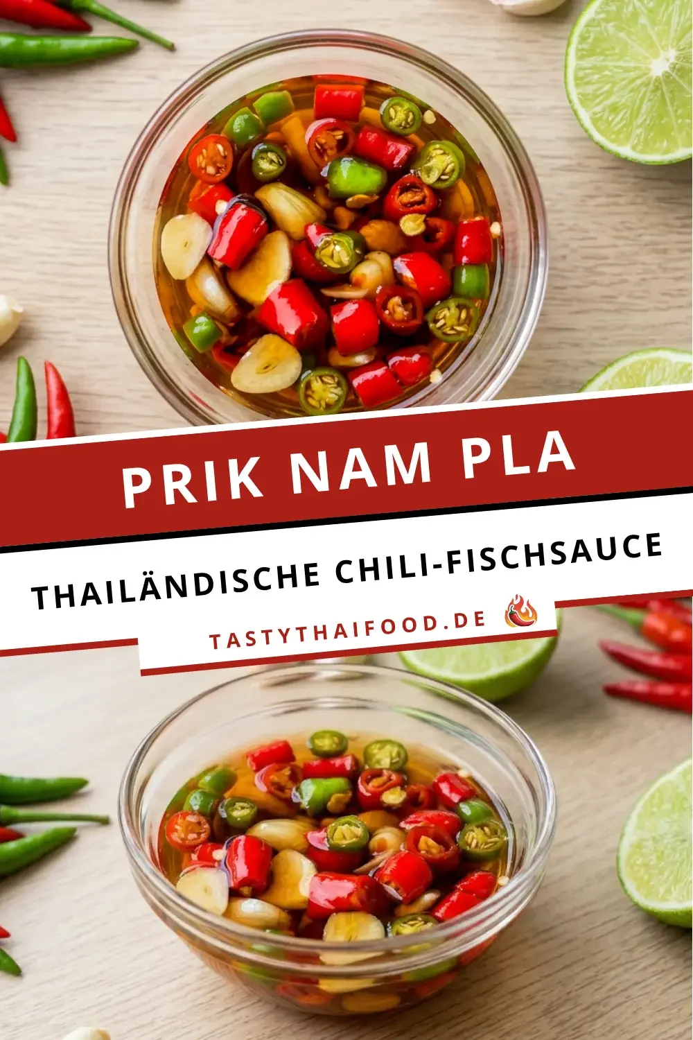 Prik Nam Pla Rezept Grafik: thailändische Chili-Fischsauce mit Schale, Limette, Knoblauch und frischen Chilis