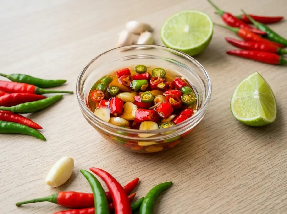 Prik Nam Pla Rezept im Glas-Schälchen, thailändische Chili-Fischsauce mit Knoblauch und Limette auf Holztisch