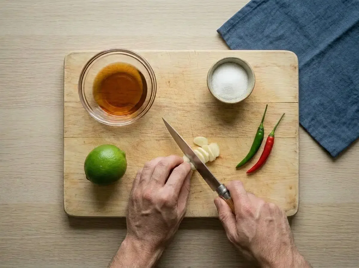 Prik Nam Pla Rezept Zubereitung: Knoblauch schneiden, dazu Fischsauce, Limette, Zucker und frische Chilis auf Brett
