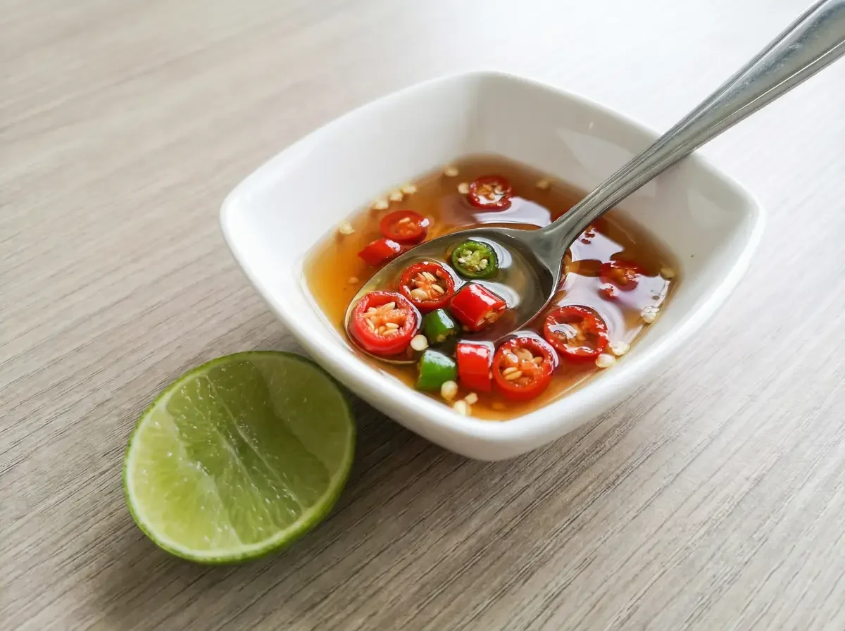 Prik Nam Pla in weißer Schale mit Fischsauce, Chili und Limette, serviert mit Löffel auf Holztisch.