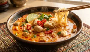 Rote Thai Curry Nudelsuppe mit Hähnchen in einem dunklen Suppenteller