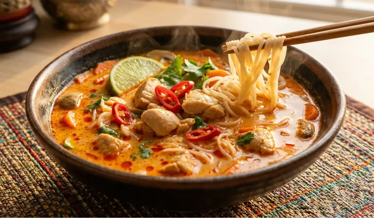Rote Thai Curry Nudelsuppe mit Hähnchen in einem dunklen Suppenteller