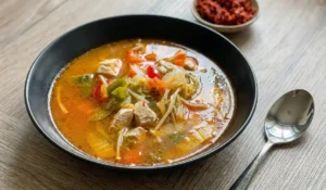 Fertig zubereitete Rote Thai Curry Suppe mit Hähnchen und viel frischem Gemüse, serviert in einer tiefen schwarzen Schüssel auf einem Holztisch.