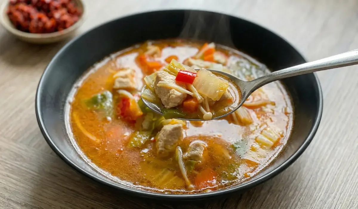 Ein dampfender Löffel voll mit zartem Fleisch und Gemüse wird aus einer Schüssel mit heißer Roter Thai Curry Suppe mit Hähnchen gehoben.