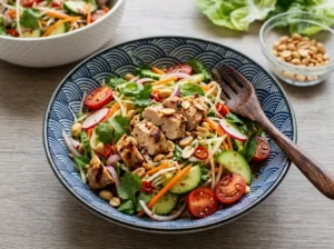 Servierfertiger scharfer thailändischer Hähnchensalat in einer dekorativen blauen Schale auf einem Holztisch. Eine dunkle Holzgabel liegt in dem mit Hähnchen, Gemüse und Erdnüssen angerichteten Salat. Im unscharfen Hintergrund steht ein Schälchen mit Erdnüssen.